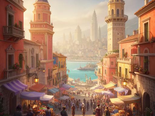 Concept art di una città fantasy mediterranea con torri colorate e mercato vivace