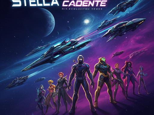 Universo fantascientifico con eroi stilizzati e astronavi su uno sfondo stellare