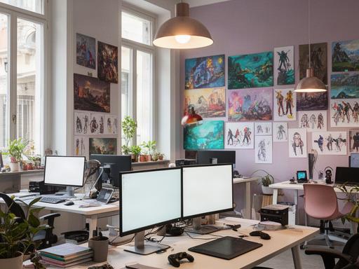 Interno dello studio di sviluppo videogiochi in Via Tortona a Milano con postazioni creative e concept art alle pareti